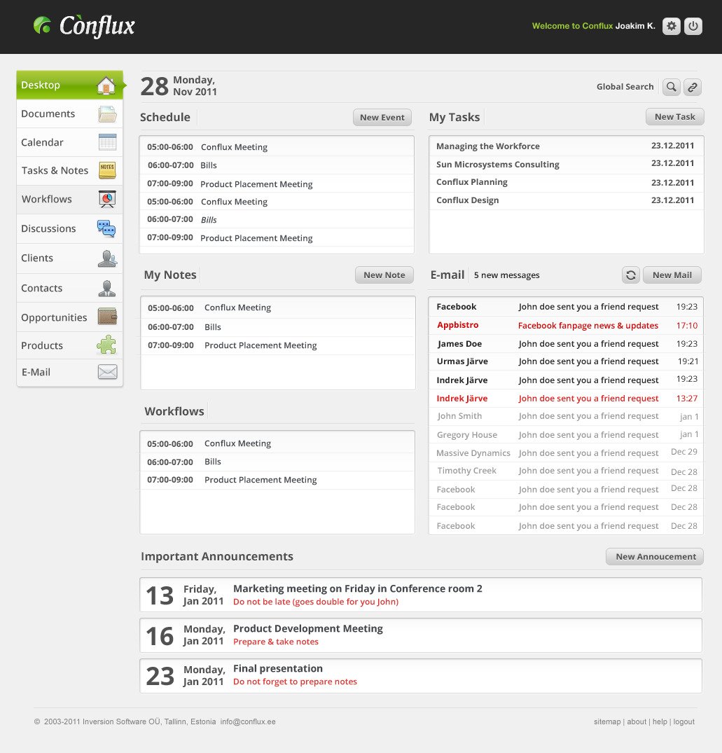 Conflux desktop with schedule, tasks, notes, workflows and mail panels