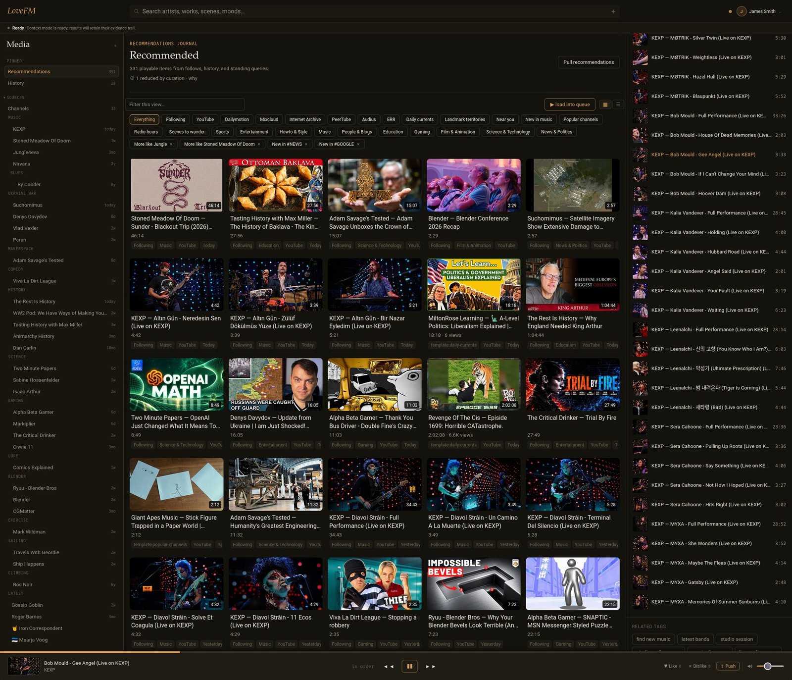 LoveFM recommendations mixing music, history, science, gaming, comedy, design and news commentary, with source filters, standing queries, followed channel groups and a playback queue