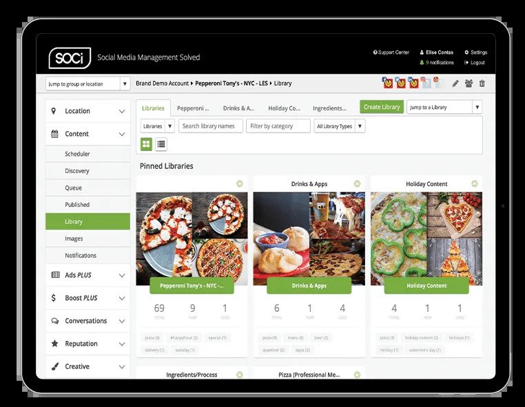 SOCi content library with pinned libraries per location
