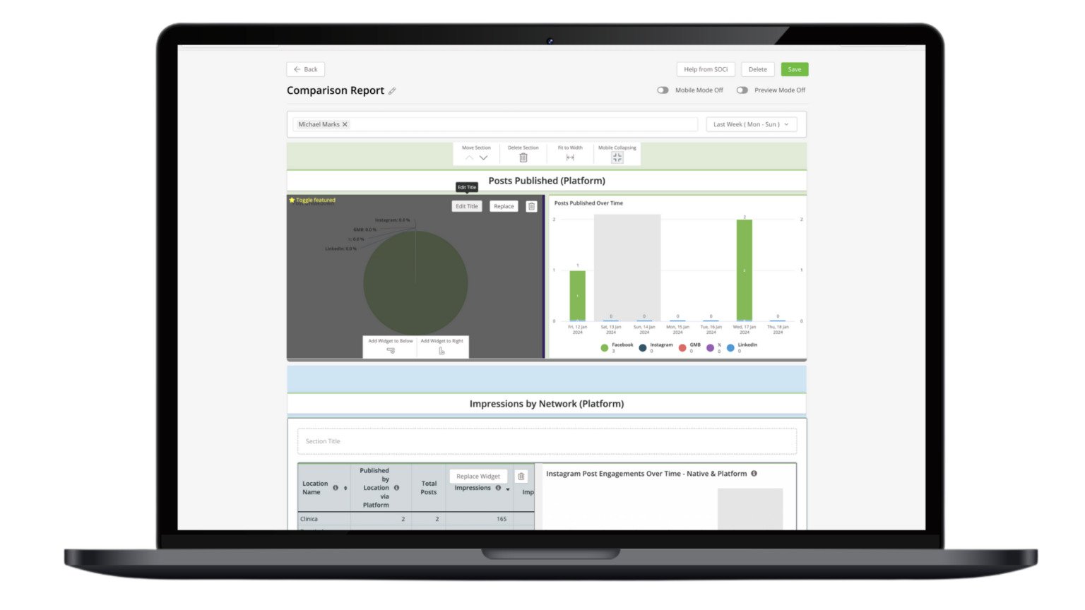 SOCi Reporting Suite: report library with product, network and tag filters