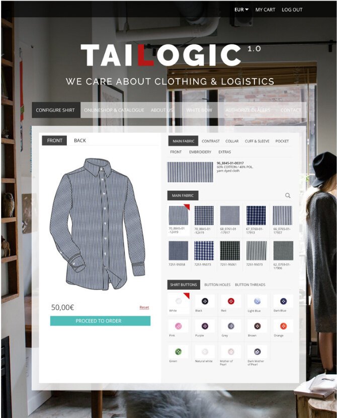 Tailogic shirt configurator with fabric, collar, cuff and button option groups beside a live garment render